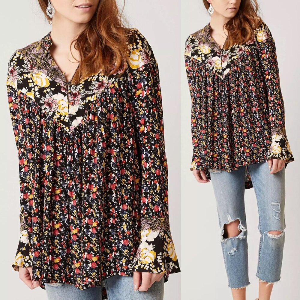 Free People Wildflower Fields Henley Top Tunic Blouse M $108 Black Ditsy Floral - Picture 4 of 16